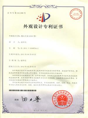 Patent certificate of 2000 DP gauge